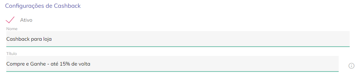 Tela de configuração de nome e título do cashback