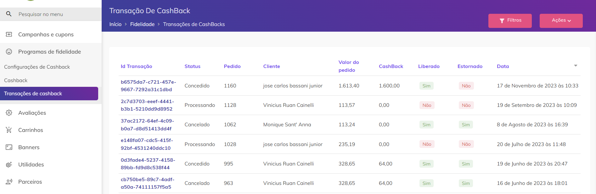 Exemplo da tabela de transações de cashback.