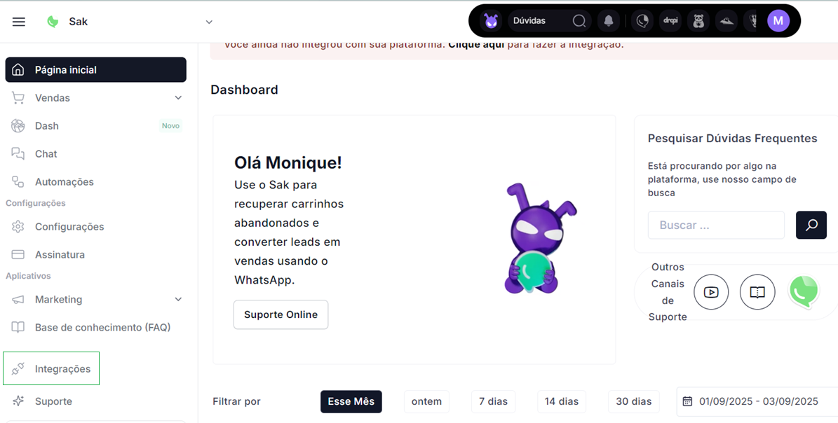 Tela de Integrações SAK