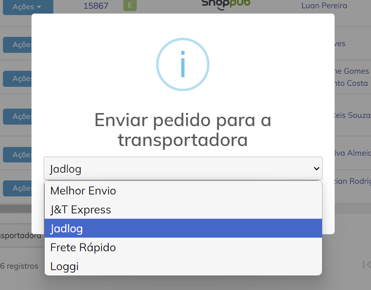 Selecionar Jadlog como transportadora