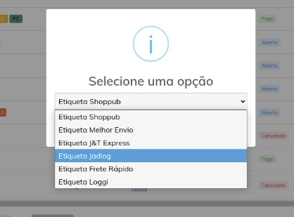 Selecionar modelo de etiqueta Jadlog