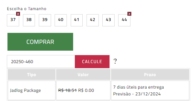 Exemplo de validação de cotação de frete no site