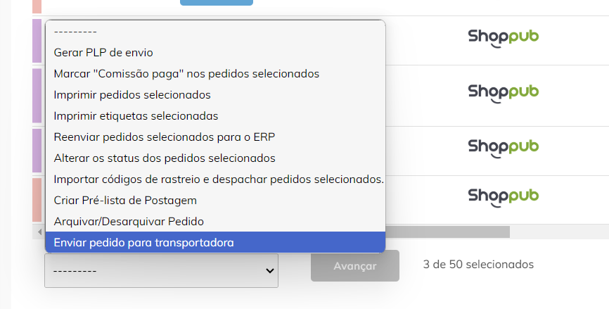 Ação: Enviar pedido para transportadora