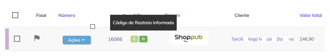 Código de rastreio adicionado ao pedido