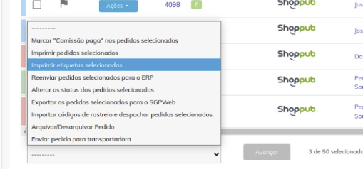 Ação: Imprimir etiquetas