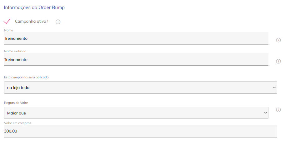 Regras de valor da campanha