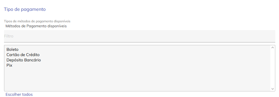 Seleção de métodos de pagamento