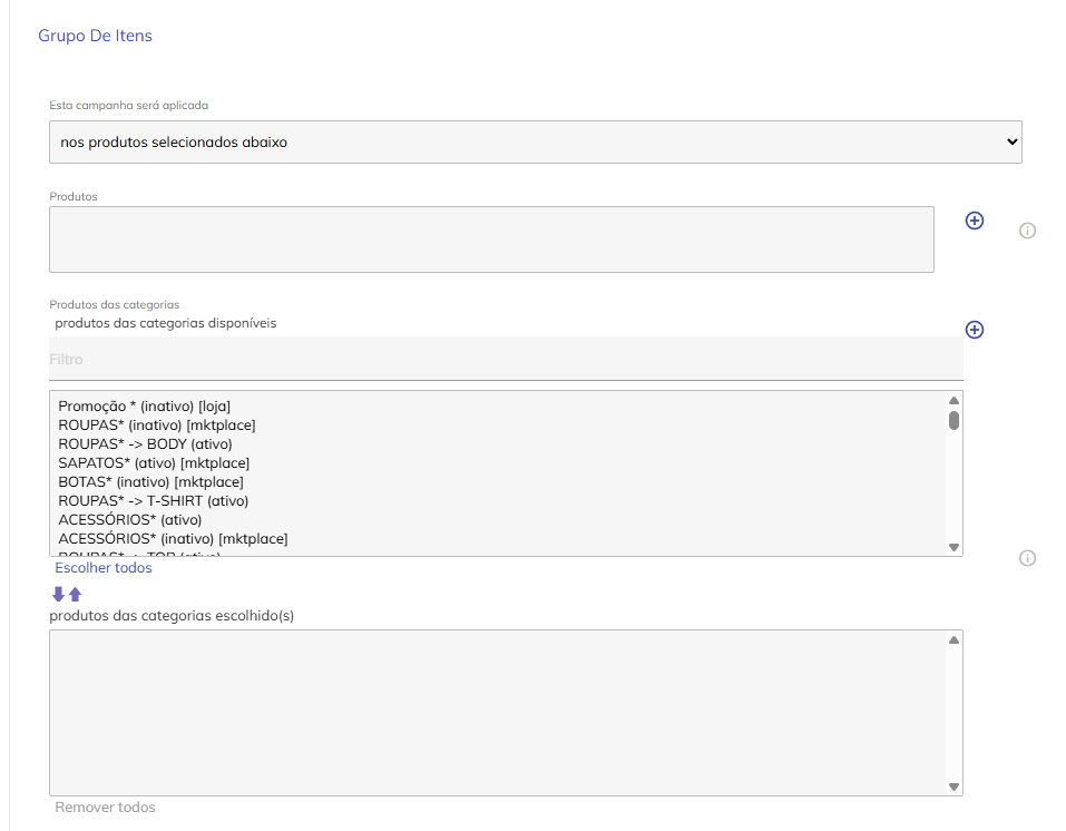 Seleção de produtos para o gatilho