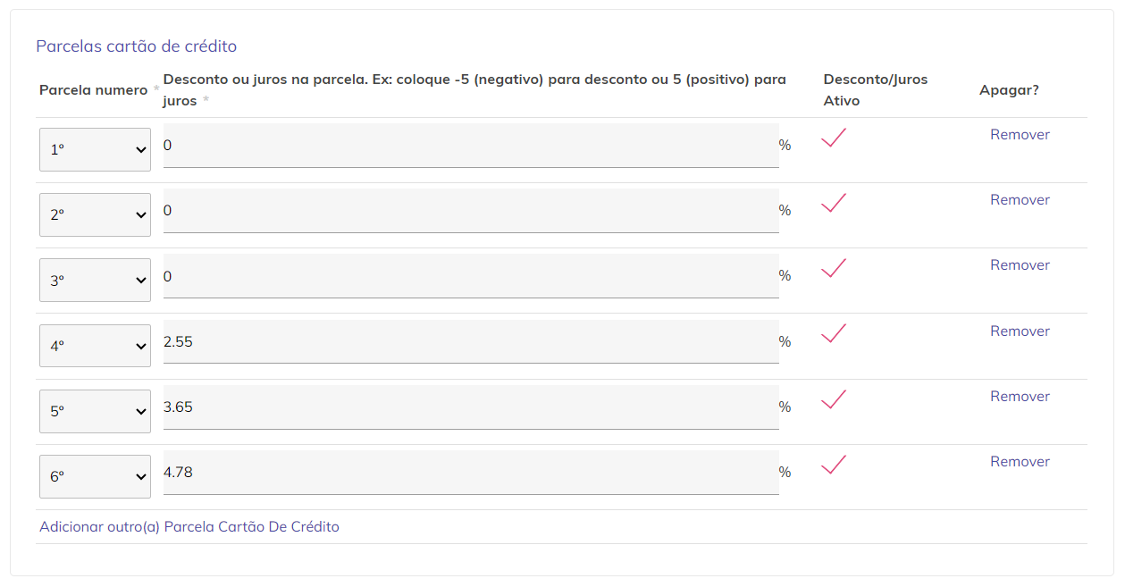 Tabela de configuração de juros ou desconto por parcela.