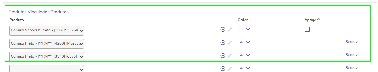 Campo de busca para selecionar os produtos do vínculo.