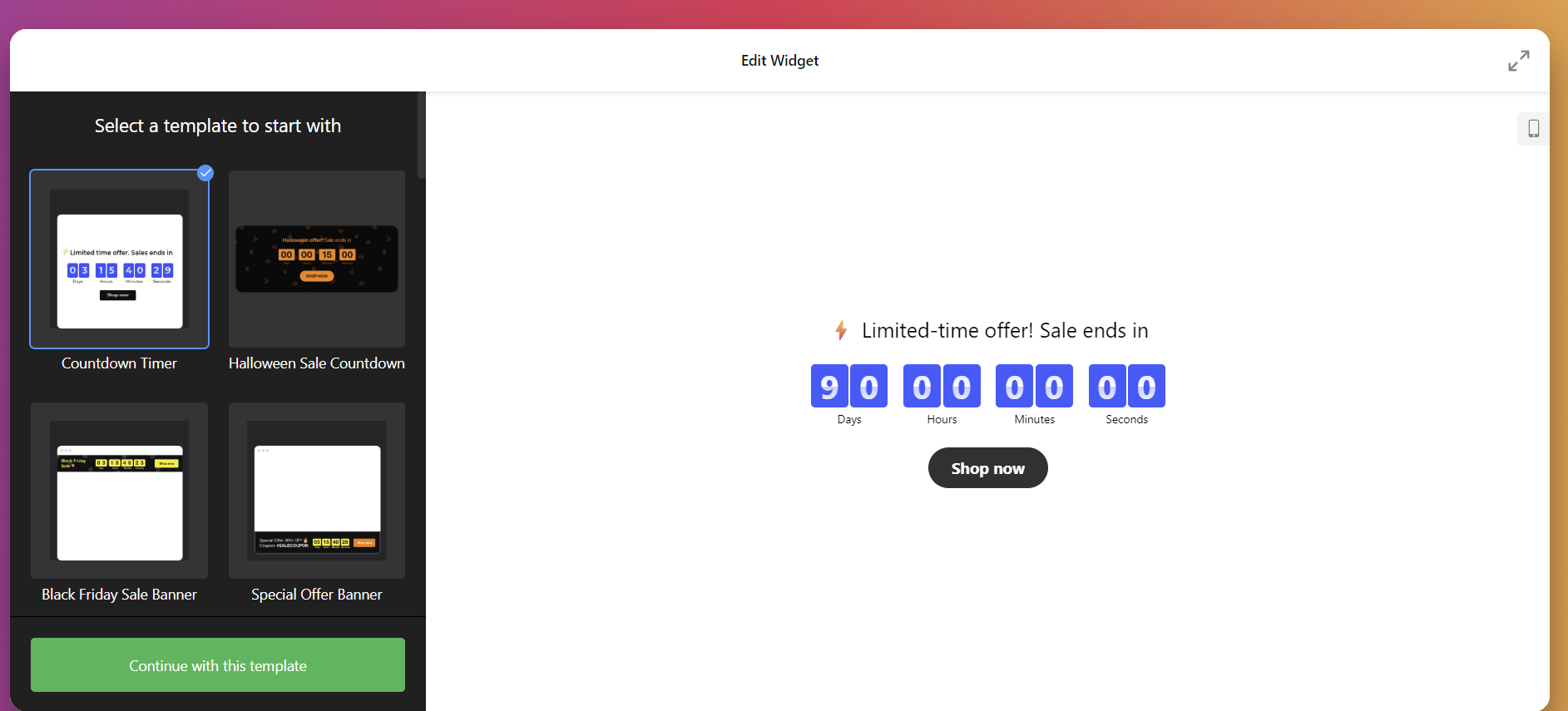 Seleção de template Countdown Timer