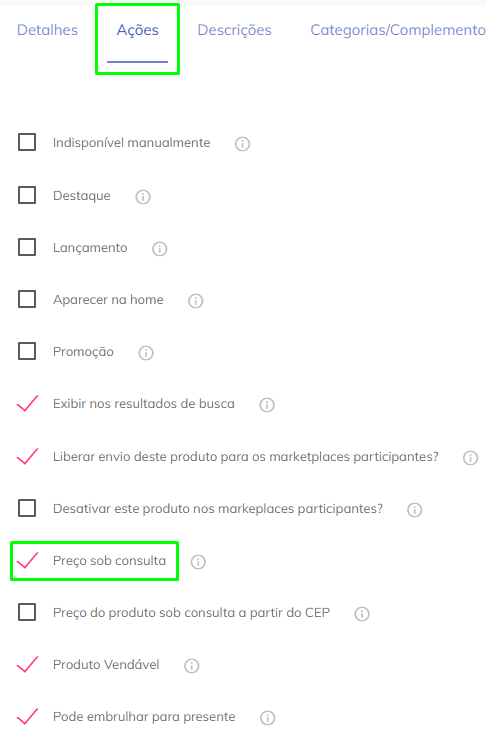 Aba Ações no cadastro do produto com a opção Preço sob consulta marcada.