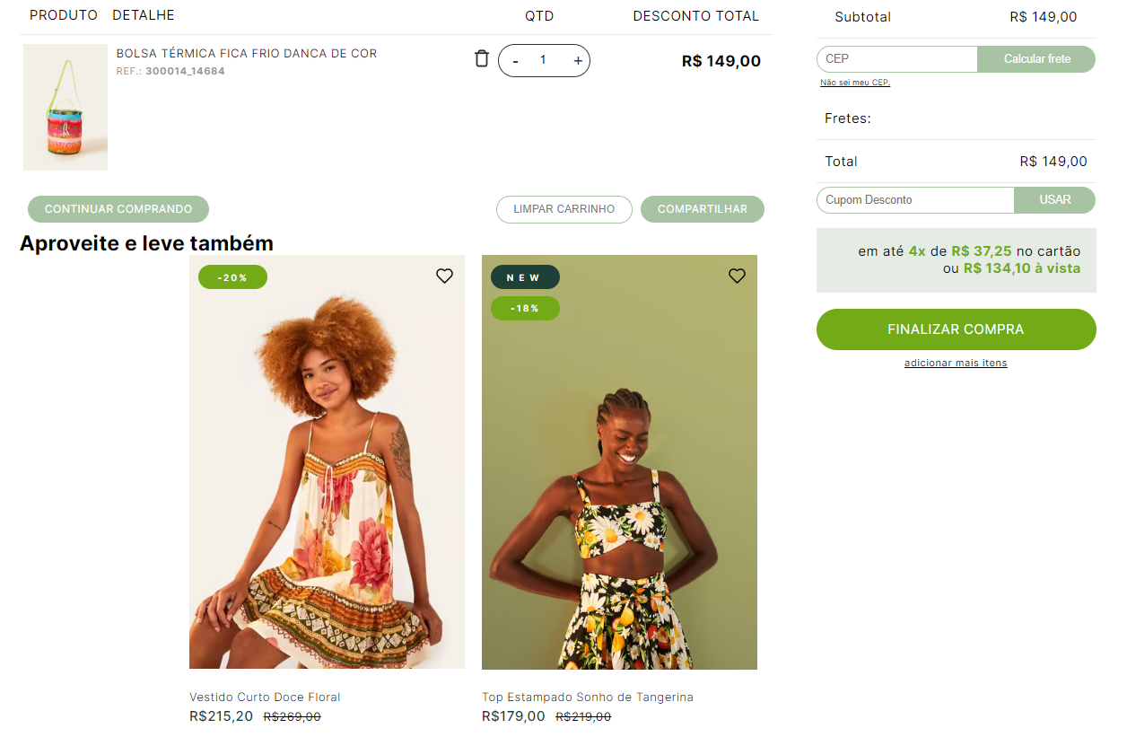 Exemplo de como a indicação de produto aparece na loja.