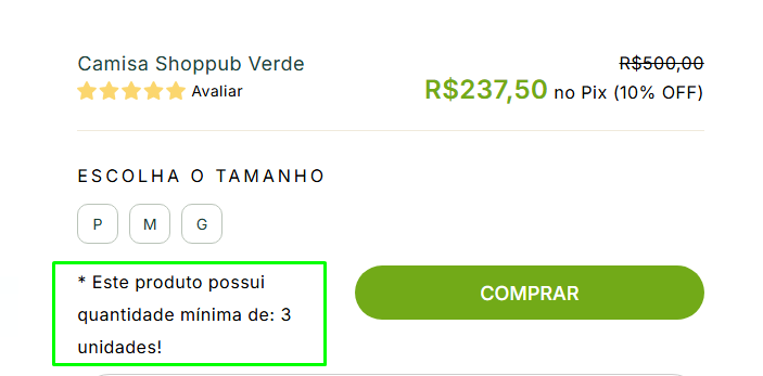 Exemplo de como o produto com quantidade mínima aparece na loja virtual.