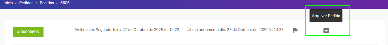 Ícone de arquivar no canto superior direito do pedido.