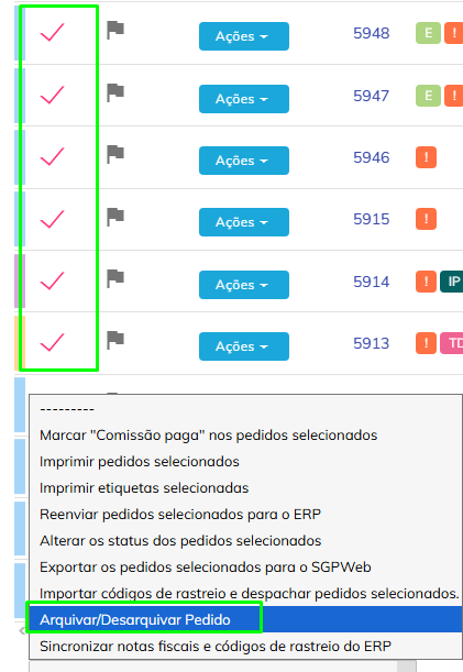 Menu de ações em massa para arquivar pedidos.