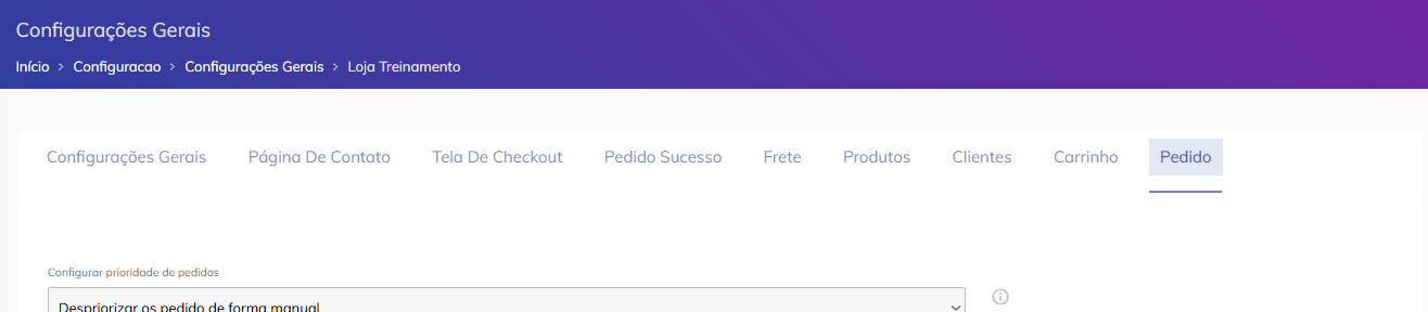 Configurações da loja destacando a aba Pedido.