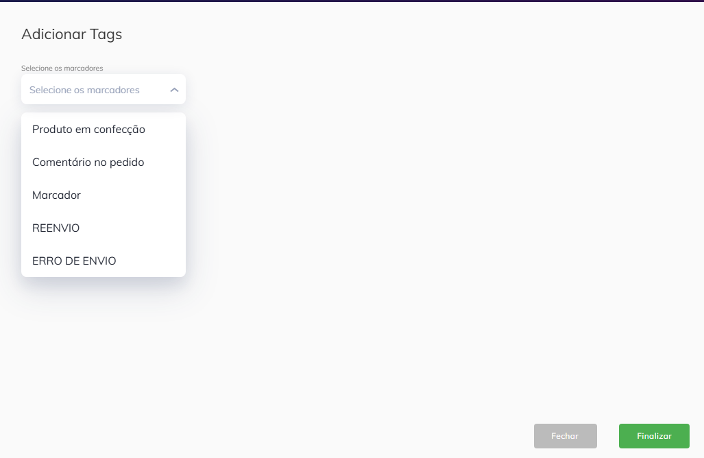 Modal para selecionar os marcadores desejados.