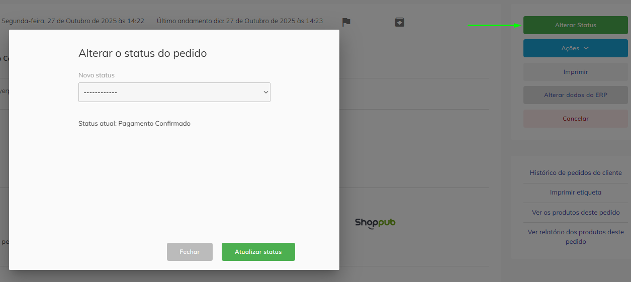 Botão Alterar Status e o modal de seleção de novo status.