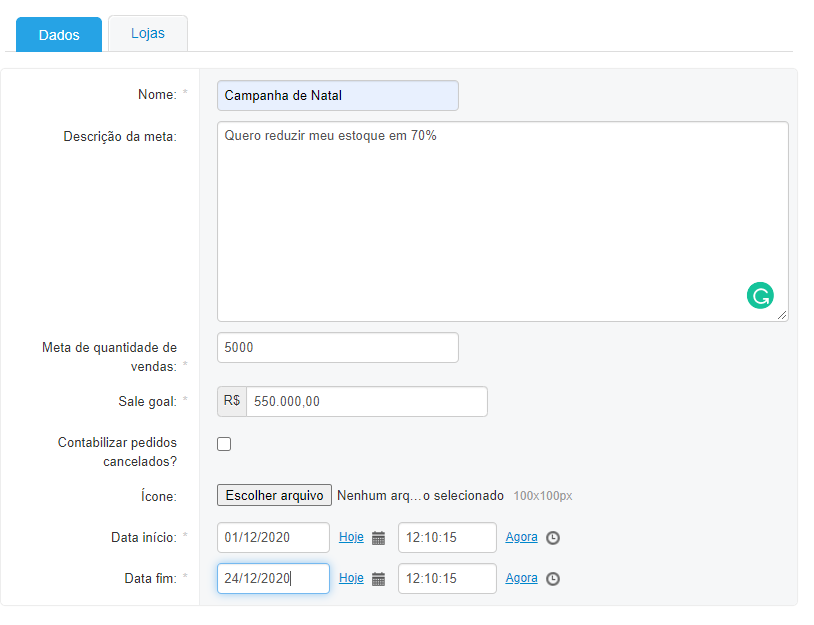 Formulário de edição da meta.
