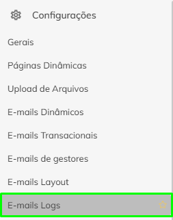 Menu de configurações destacando E-mails log.