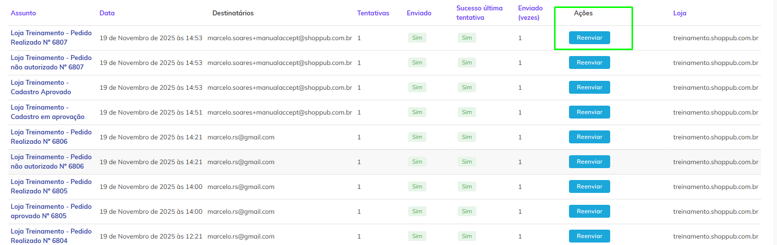 Lista de logs de e-mail com opção de reenviar.
