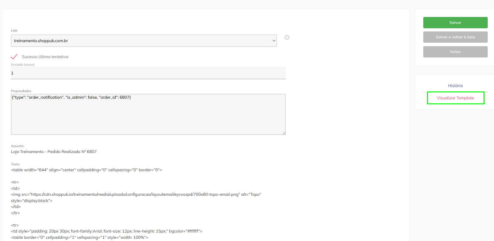 Detalhes do log com botão Visualizar Template.