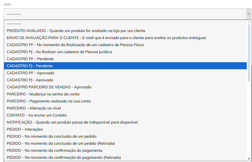 Seleção da ação gatilho.
