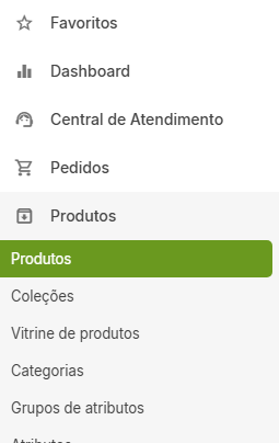 Menu Produtos no painel administrativo.