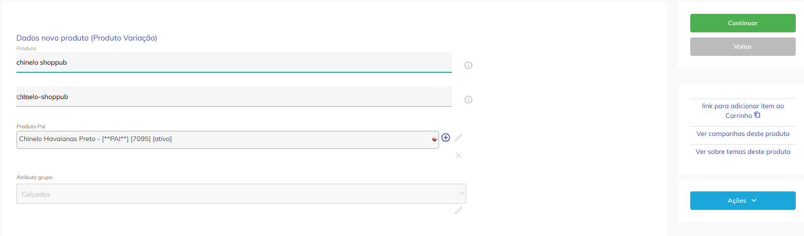 Campos de nome e seleção de produto pai.