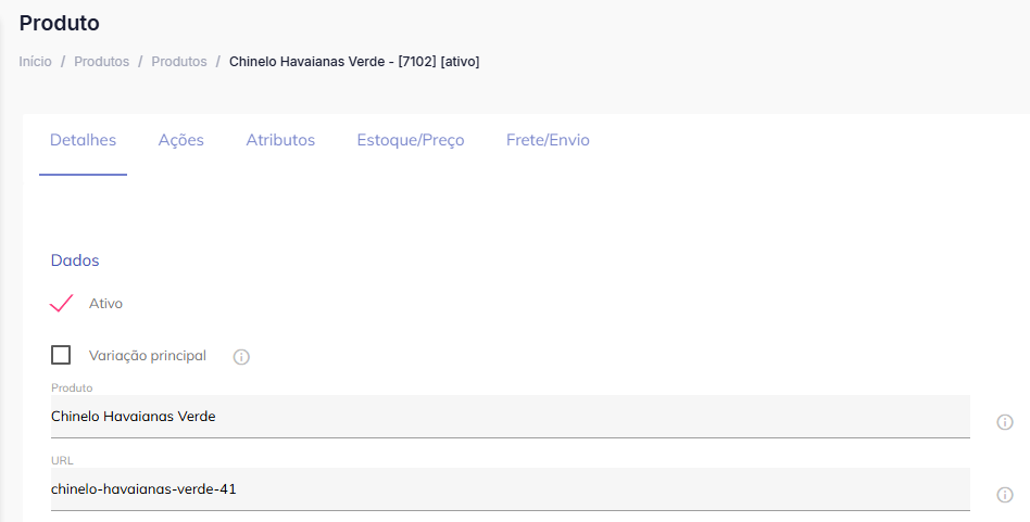 Aba Detalhes do produto.