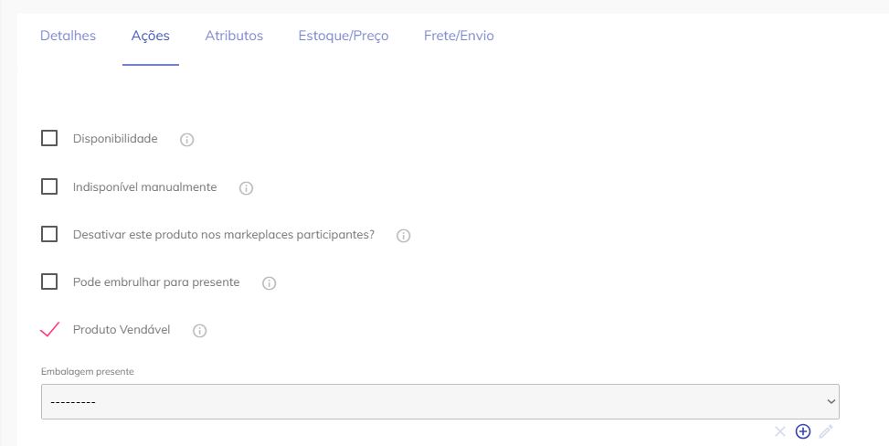 Aba Ações com opções de configuração.
