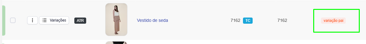 Seleção de um produto pai na lista.