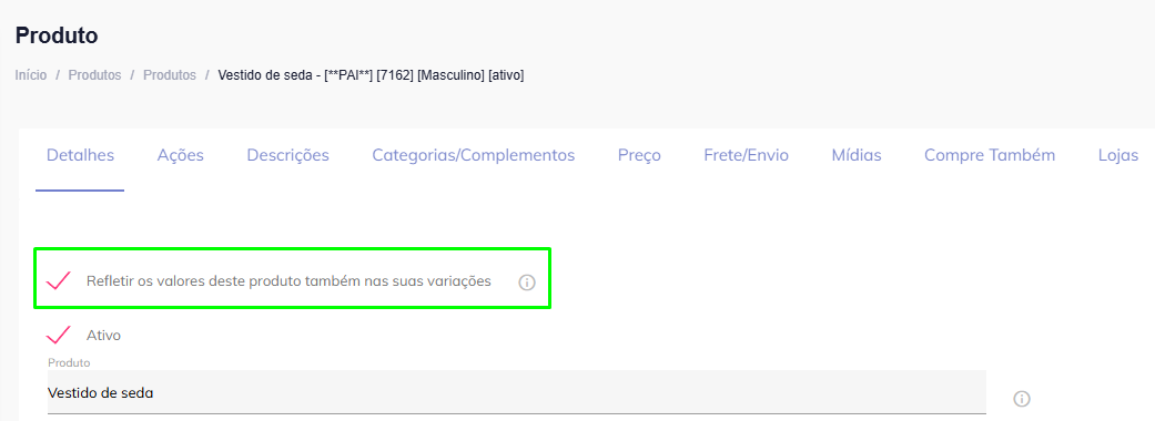 Opção Refletir valores marcada.